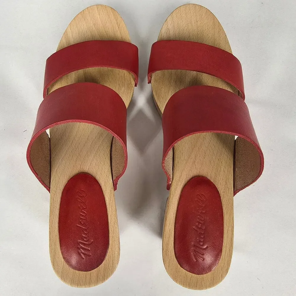 MADEWELL WOMEN'S CLARA RED LEATHER CLOG SANDALS – SIZE 7 – WOOD BLOCK HEELS